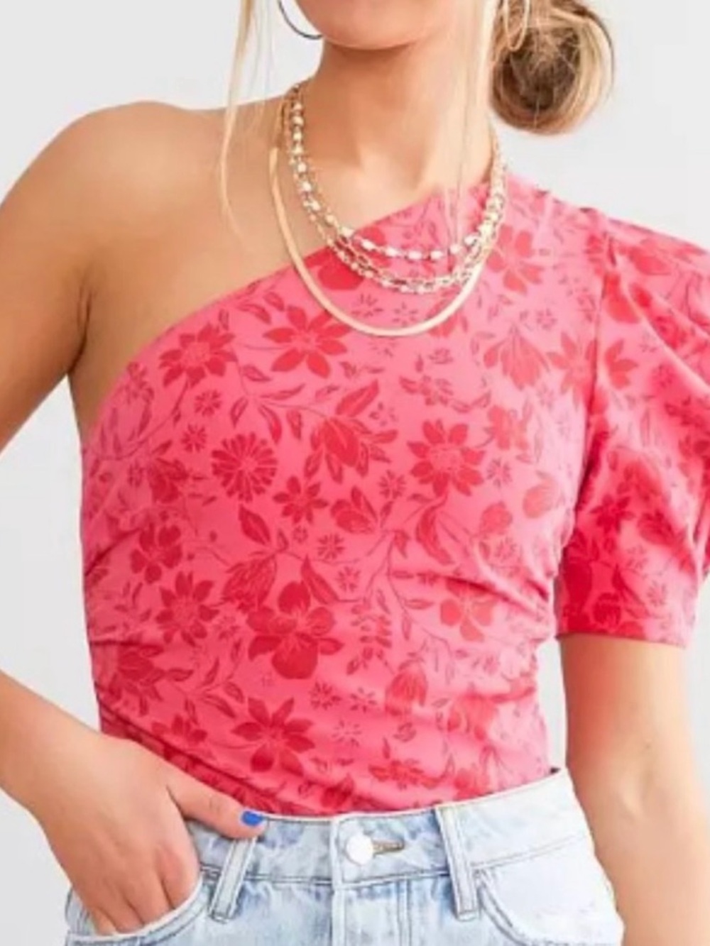 Free People Something Bout You Off Shoulder Bodysuit Pink Floral size XS
